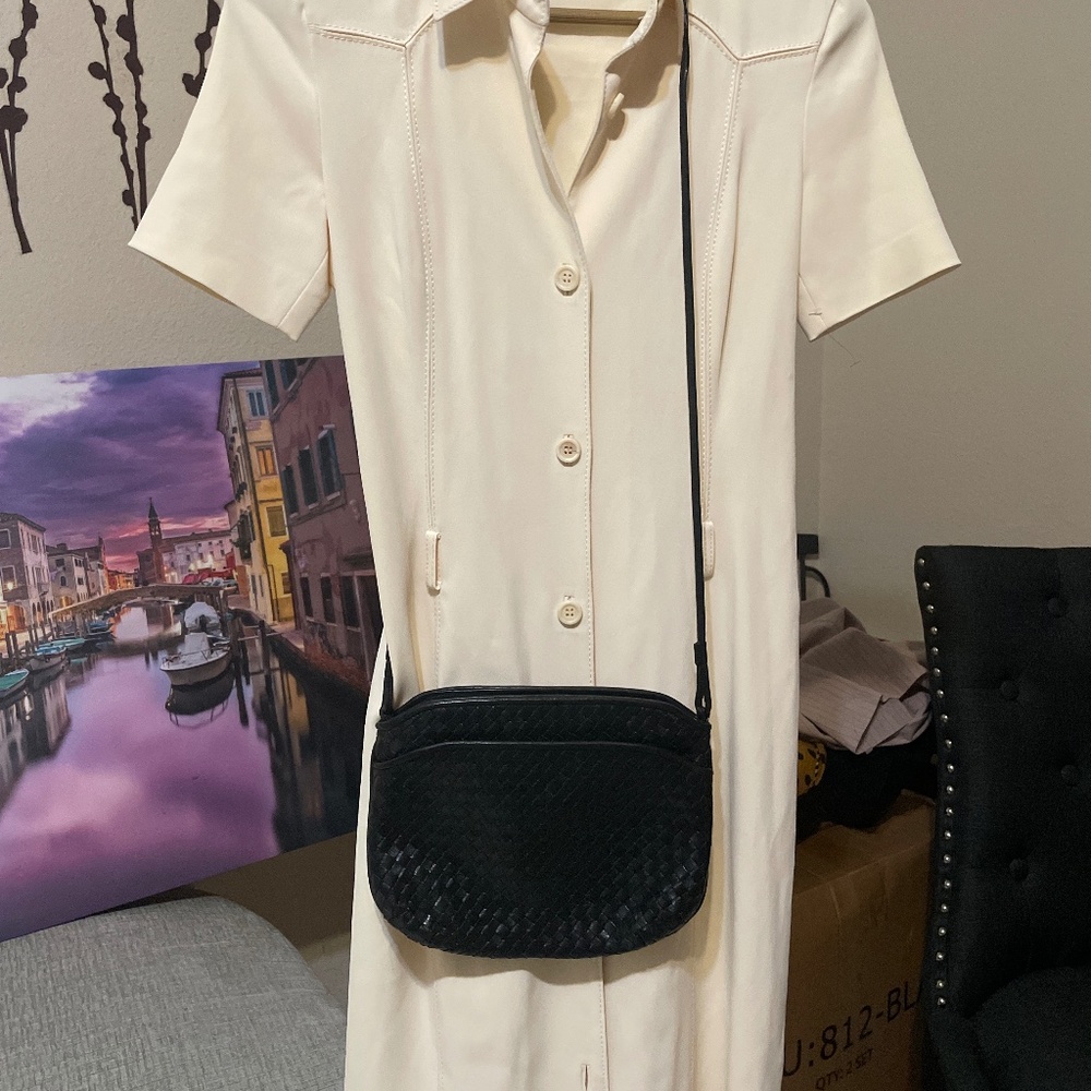 Woven leather black crossbody bag